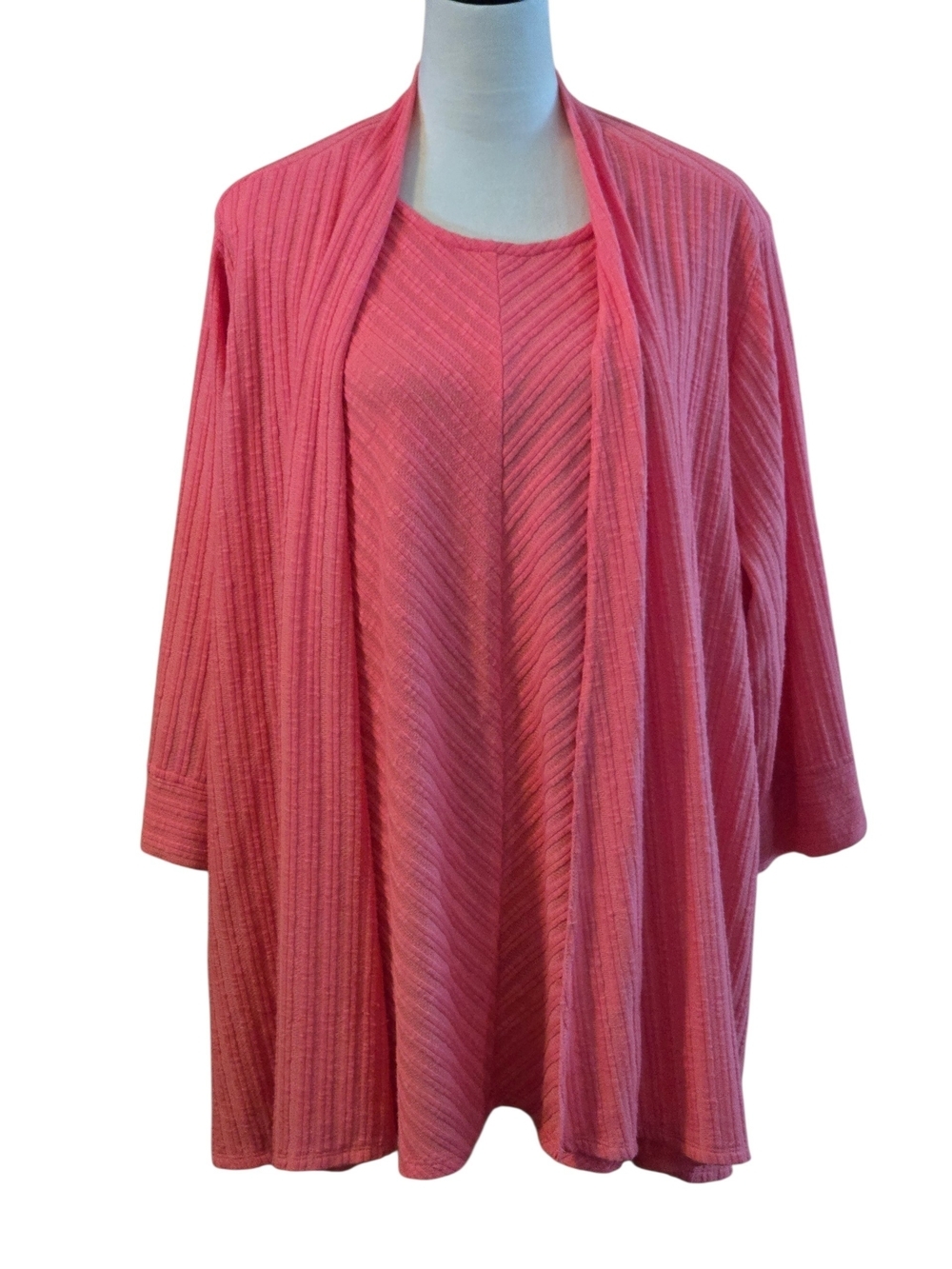 N Touch 2 pc Womens 2X Open Front Coral-Pink Textured Oversized Cardigan & Shell